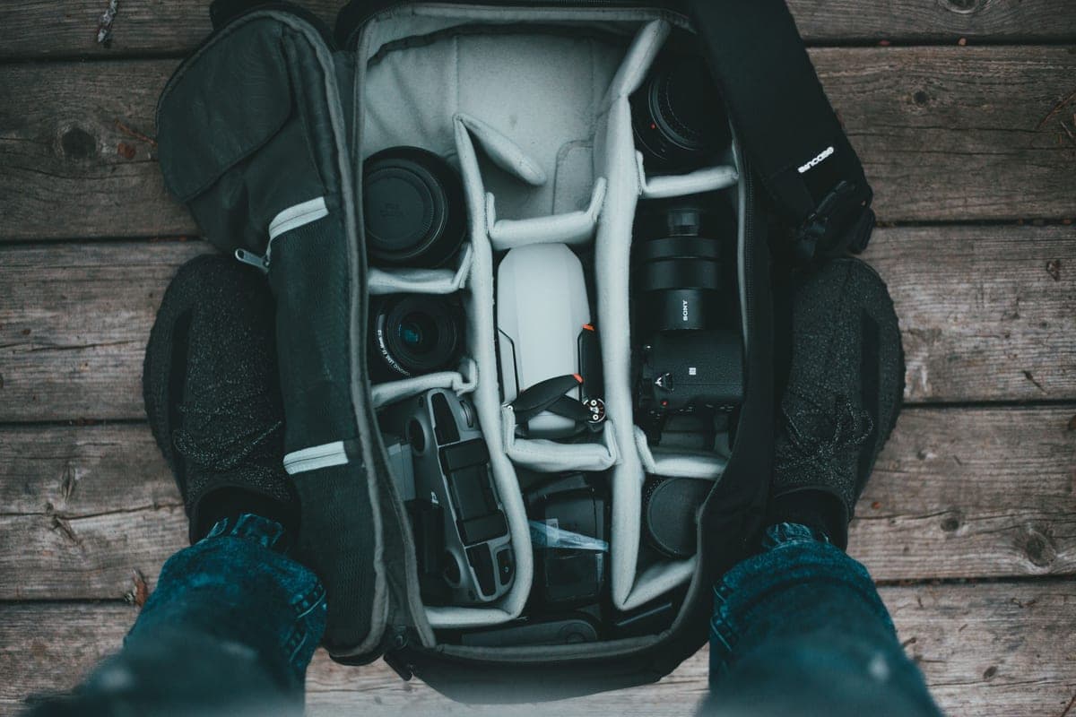 A camera bag with lenses and accessories